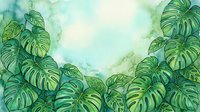 Tropical monstera leaves frame a soft watercolor background in shades of green and cream, perfect for botanical designs and nature-themed projects.