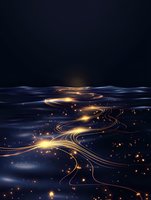 Glowing golden light trails flow across dark water surface with magical sparkles and luminous streams creating mystical night scene for fantasy backgrounds.