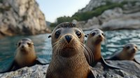 Curious sea lions swimming in coastal waters with one seal in close-up view showing whiskers and expressive eyes against rocky cliff background. Perfect for wildlife projects.