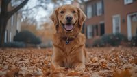Happy Golden Retriever dog lying in fallen autumn leaves with joyful expression, wearing blue collar against blurred residential background in fall season.