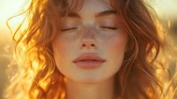 Young Caucasian woman with freckles and closed eyes in warm sunset light, curly ginger hair backlit creating ethereal glow, serene peaceful expression on face.
