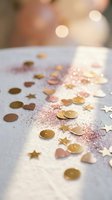 Golden confetti coins hearts and stars scattered on white surface with warm bokeh lights creating festive celebration atmosphere for party decorations.