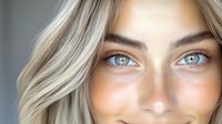 Close-up portrait of young Caucasian woman with blonde hair, blue eyes, and natural freckles smiling against neutral background.