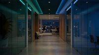 Modern office corridor with glass walls and ambient lighting leading to conference room at night.