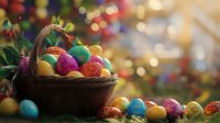 Colorful glitter Easter eggs in woven basket against blurred festive bokeh background, seasonal holiday celebration with decorative speckled eggs.