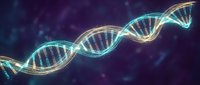 Glowing DNA double helix structure with luminous strands against dark purple background for scientific research and biotechnology presentations.