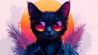 Black cat wearing sunglasses against vibrant sunset sky with palm leaves silhouettes in retro vaporwave style. Artistic digital illustration with neon colors and tropical aesthetic.