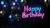 Glowing neon happy birthday text sign on dark background with bokeh lights and sparkles creates festive celebration atmosphere for greeting cards and party invitations.