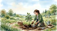 Young woman planting tree sapling in garden with basket and watering can, sustainable gardening and environmental care concept for Earth Day projects.