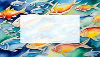 Colorful tropical fish swimming around blank white card on blue ocean background with copy space for text or design elements.