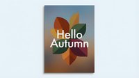Hello Autumn greeting card with geometric leaf design in warm fall colors on gradient background.