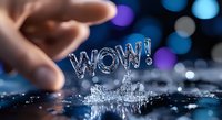 Water splash forming word wow with finger pointing and blue bokeh lights in background, creative liquid art photography capturing dynamic moment of splashing water.
