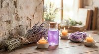 Lavender essential oil bottle with dried flowers, candles and amethyst crystals on rustic wooden table creating peaceful spa atmosphere for aromatherapy relaxation.