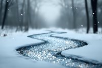 Snowy forest path in winter wonderland setting, creating magical atmosphere with bokeh effect and misty background.