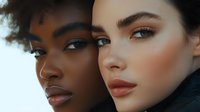Close-up portrait of two diverse female models with flawless skin and natural makeup, showcasing beauty diversity against neutral background.