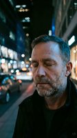 Middle-aged man with salt-and-pepper beard and short hair, Caucasian ethnicity, wearing dark clothing on urban street at night with blurred city lights and buildings in background.