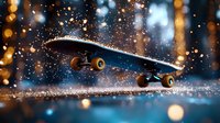 Skateboard on wet asphalt during night rain with glowing bokeh lights and water drops creating magical urban atmosphere for extreme sports photography.