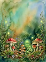 Enchanted forest floor with whimsical mushrooms, ferns, and glowing flora in soft watercolor style. Perfect for fantasy illustrations, children's books, and magical woodland designs.
