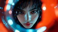 Young Asian woman with intense gaze and wet hair in dramatic neon lighting with red and blue colors creating moody cyberpunk atmosphere for creative portrait photography.