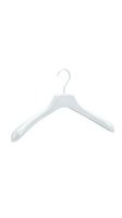 White plastic clothes hanger with metal hook isolated on white background, ready for fashion retail, wardrobe organization, and clothing store design use.