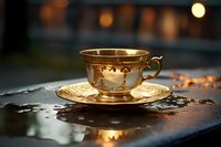 Elegant golden teacup and saucer with ornate pattern on wet surface reflecting evening lights, creating moody atmospheric composition with bokeh background.