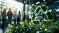 Green moss covered recycling symbol with blurred business people in modern office background, environmental sustainability concept in corporate setting.