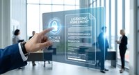 Businessman activating digital licensing agreement interface in modern office environment with holographic technology display for business compliance.