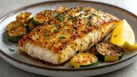 Grilled white fish fillet with herb crust served with roasted zucchini slices and lemon wedge on ceramic plate for healthy dining and restaurant menu.