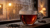 Steaming hot tea cup with amber liquid on wooden surface near rain-covered window with warm glowing lights creating cozy atmospheric mood for relaxation.