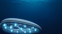 Futuristic UFO with glowing blue lights hovering in deep ocean water, ideal for sci-fi, gaming, and fantasy design projects.