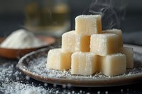 Steaming hot white fudge candy cubes stacked on rustic ceramic plate with powdered sugar, macro food photography on dark background with soft focus.