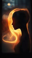 Mystical female silhouette with glowing orange smoke forming ethereal hair against dark background, creating dramatic contrast and ethereal atmosphere.