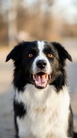 Happy Border Collie dog with open mouth and tongue out looking at camera outdoors on blurred natural background for pet care and training concepts.