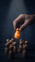 Hand selecting glowing wooden figure from group representing leadership choice, talent recruitment, human resources management and team selection concept.