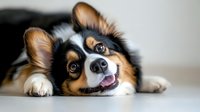 Playful Pembroke Welsh Corgi lying on side with happy expression, showing characteristic tri-colored coat pattern and bright eyes against light background.
