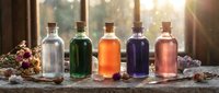 Five colorful potion bottles with cork stoppers on a stone surface, surrounded by dried flowers and crystals in warm sunlight.