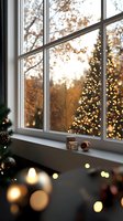 Cozy window view of illuminated Christmas tree against autumn backdrop, with festive decorations and warm candlelight creating holiday atmosphere.