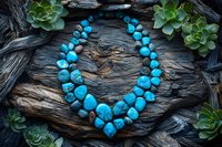 Turquoise stone necklace arranged in horseshoe shape on weathered wood with green succulent plants, creating rustic southwestern jewelry flat lay composition.
