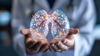 Medical professional holding glowing translucent lungs with sparkles, representing respiratory health, healing and pulmonary care in modern medicine.