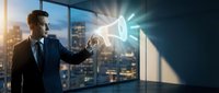 Professional businessman in suit holding glowing megaphone with light rays in modern office overlooking city skyline at dusk for marketing campaigns.