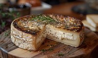 Grilled camembert cheese wheel with melted center, fresh rosemary sprig and black pepper on wooden cutting board, slice removed showing creamy texture.