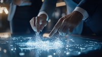 Businessman hands interacting with glowing digital interface displaying network connections and data visualization on dark background with blue light effects.
