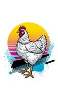 White hen chicken with red comb standing against retro sunset circle with colorful paint splashes on white background for apparel design.