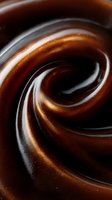 Swirling dark chocolate texture with smooth glossy surface creates mesmerizing spiral pattern, macro shot showing rich brown tones and luxurious melted consistency.