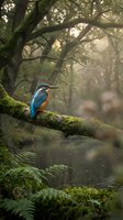 Kingfisher bird perched on moss-covered branch in misty forest with soft natural lighting and blurred woodland background creating peaceful wildlife scene.