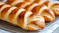 Freshly baked braided bread rolls cooling on wire rack, golden brown crust with glossy surface, close up view of homemade pastry showing soft texture.