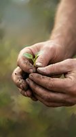 Farmer hands holding young seedling with soil, representing sustainable agriculture, environmental care, and growth for gardening and eco-friendly farming projects.