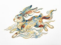 Ornate running rabbit in traditional Asian art style with colorful swirls and floral details, isolated on transparent background, ready for t-shirt, sticker, and print on demand use.