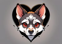 Cute husky puppy face with red eyes framed in heart shape on gray background, cartoon style mascot design for merchandise and apparel decoration.