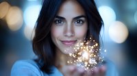 Young Hispanic woman with dark hair holding magical glowing sparkles in her hands against blurred bokeh background, expressing joy and wonder in soft lighting.